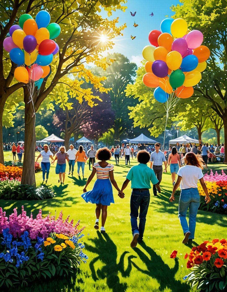 A vibrant scene depicting a diverse group of people joyfully engaging in various uplifting activities such as dancing, gardening, and sharing laughter in a sunny park. Bright flowers, lively colors, and warm sunlight create an atmosphere of cheerfulness, while whimsical elements like butterflies and balloons add a playful touch. super-realistic. vibrant colors. sunny ambiance.