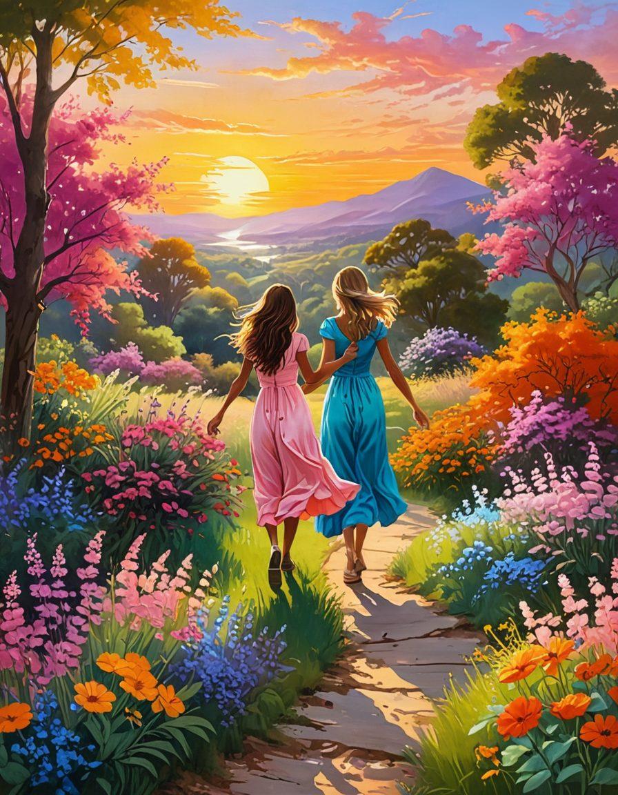 A vibrant landscape illustrating a whimsical journey through different emotional states, showcasing a sunrise symbolizing elation, transitioning into colorful scenes of exuberance filled with joyful people engaging in activities like dancing, laughing, and embracing nature. The sky should blend warm colors of sunrise into the bright, fun palette of exuberance. Elements like flowers and sunshine should add to the feel-good atmosphere. painterly style. vivid colors. uplifting ambiance.