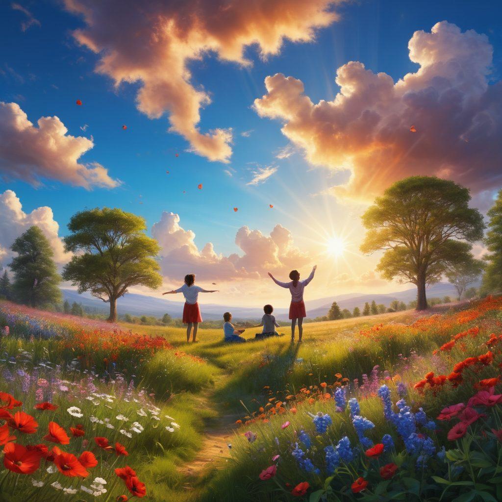A serene landscape featuring a sunlit meadow with blooming wildflowers, where a diverse group of people are engaging in joyful activities like laughing, dancing, and meditating. Above them, the sky is filled with bright, fluffy clouds shaped like hearts. Incorporate vibrant colors and a warm atmosphere that radiates happiness and bliss, emphasizing the joy of togetherness and nature. super-realistic. vibrant colors. 3D.